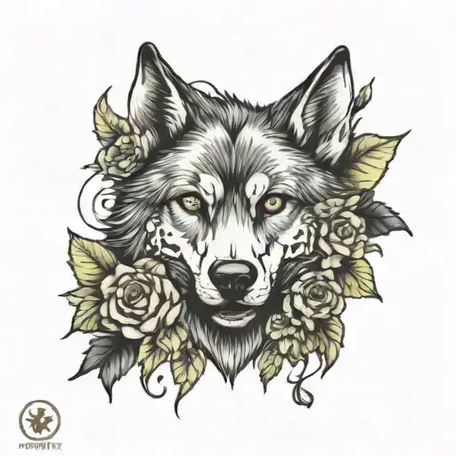 Wolf With Skull And Flowers