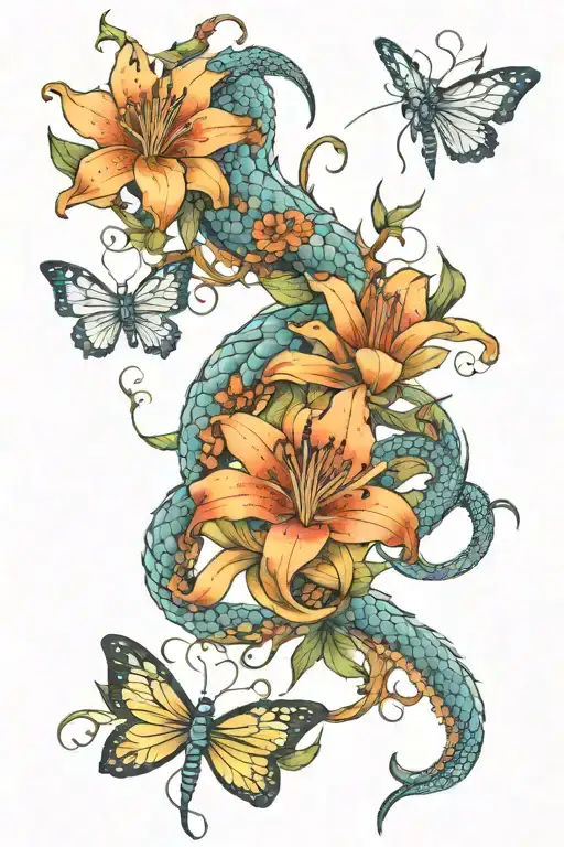Lily Flowers Around A Dragon And Butteflies