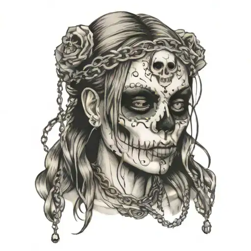 Crying Girl With Chains Over Her Eyes And A Skull On Her Hands