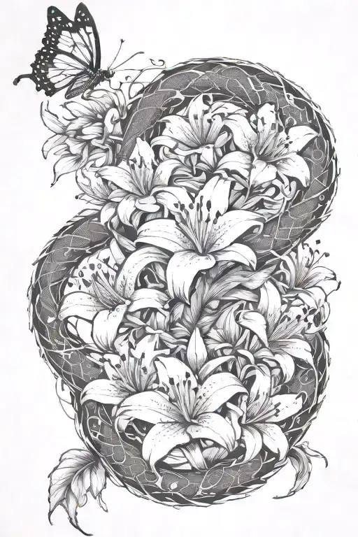 Lily Flowers And Butterflies Wrapped Around A Dragon