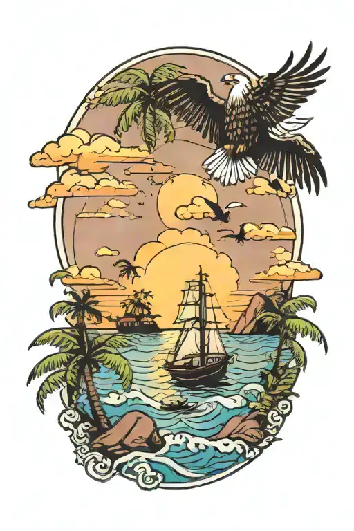 Island With Palms And Ocean And Sunset And Eagle Flying Over And Small Boat