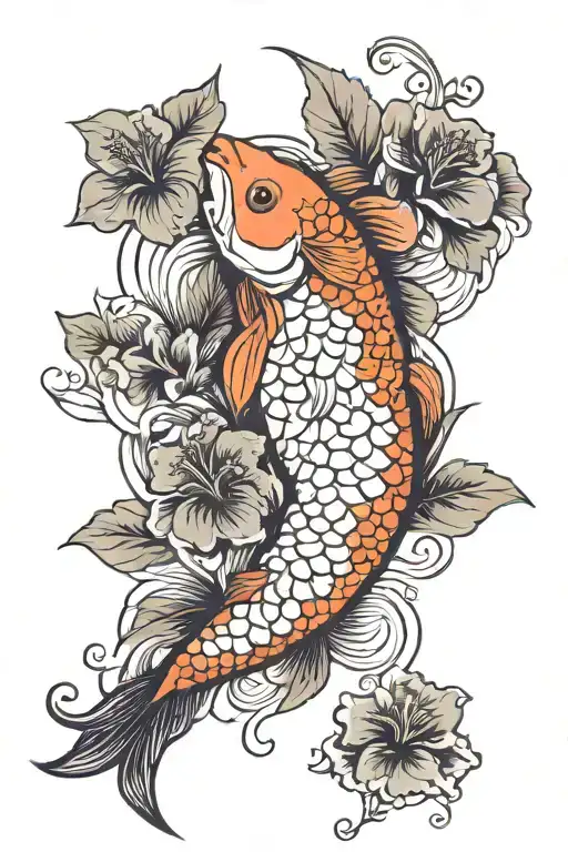 Koi Fish And Hibiscus Flowers Symbolizing