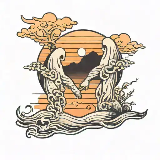 Two Ghosts Holding Hands While Watching A Sunset On The Beach