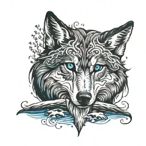 Black And White Wolf With Blue Eyes On Top Of A River With Trees