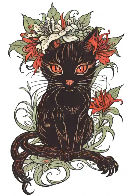 Red Spider Lily With Small Cute Cat