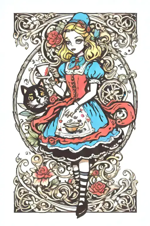 Gothic Alice In Wonderland Sleeve Tattoo With Colour