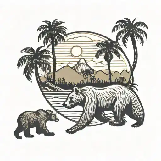 California Outline With Palm Trees And Bear