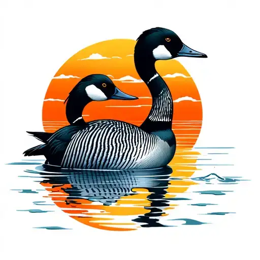 Neo Japanese Traditional Style Tattoo Of Loon Sitting On Still Water With Sunset In The Background