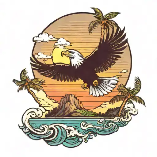 Island With Palms And Ocean And Sunset And Eagle Flying Over