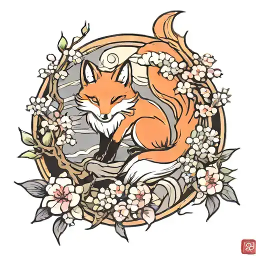 Kitsune And Sakura Tree