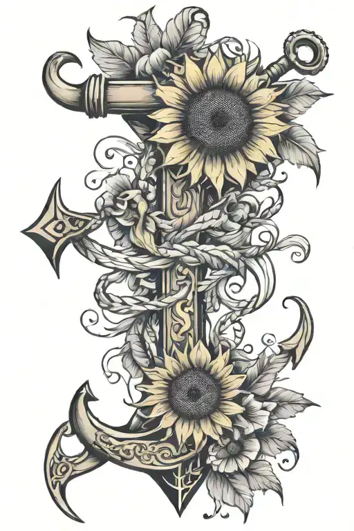 Feathers Sunflower Blooming Anchor Intertwined