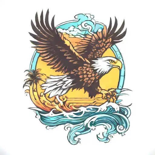 Eagle Over Ocean And Island Sunset