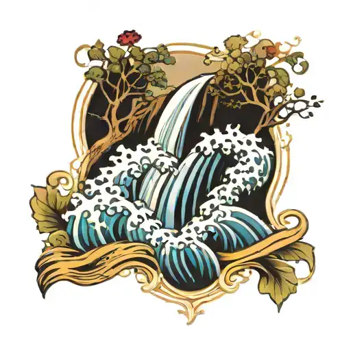 Waterfall And Waves Flowing