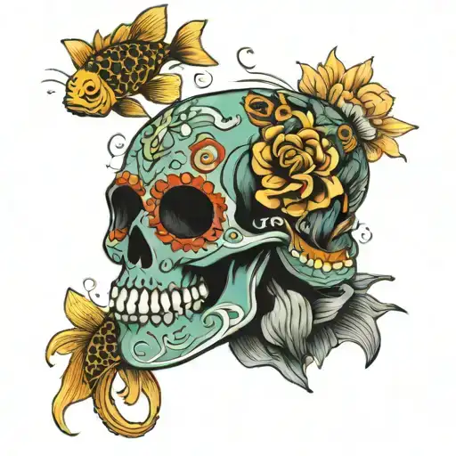Mexican Sugar Skulls And Koi Fish Swimming