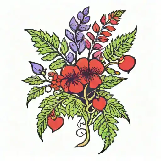 Fern Plant With Red Hearts And Purple Flowers Growing