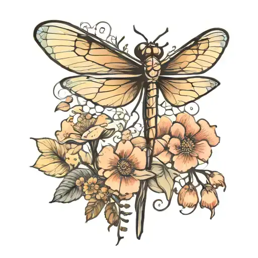 Dragonfly And Mushroom Surrounces By Flowers