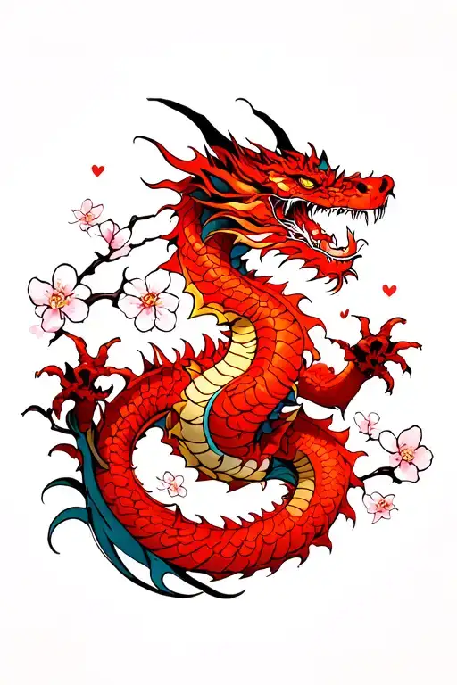 Red Dragon Intertwined With Cherry Blossoms