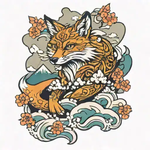 Snowy Mountains And Sea And A Fox In Japan Style Totem