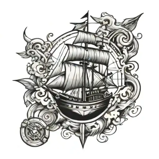 Ship With Compass And Anchor Connected
