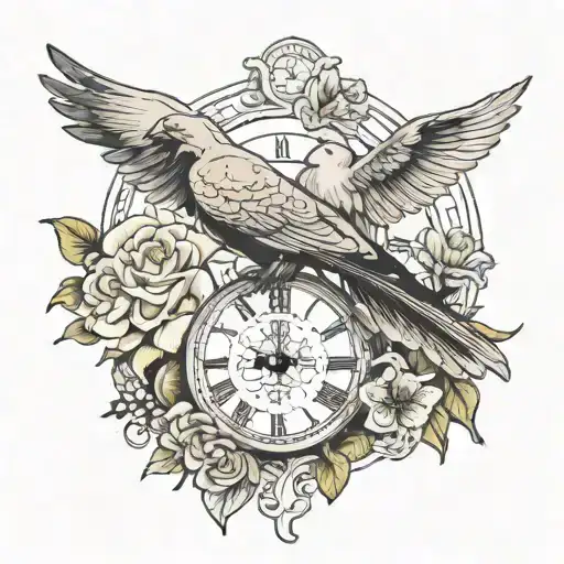 Dove With Roses Next To Clock Face And Raven With Daffodils Next To Clock Too