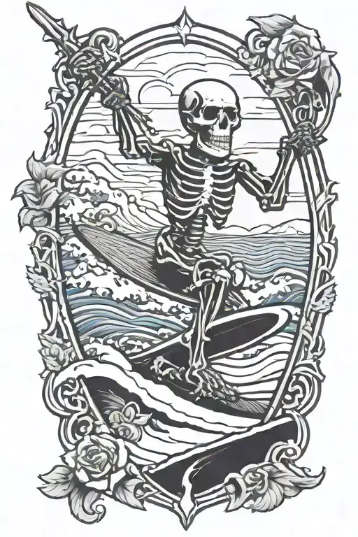 Skeleton Surfing Grateful Dead Within Keyhole Shape In The Style Of Brophy