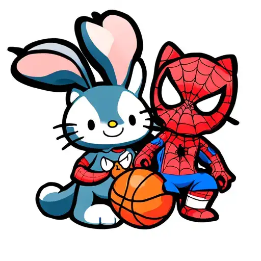 Cartoon Character Spiderman And Bugz Bunny With A Basketball And Karumi Hello Kitty