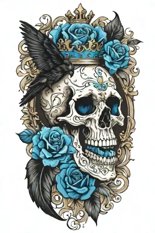 Skull Wearing Crown With Raven And Blue Roses