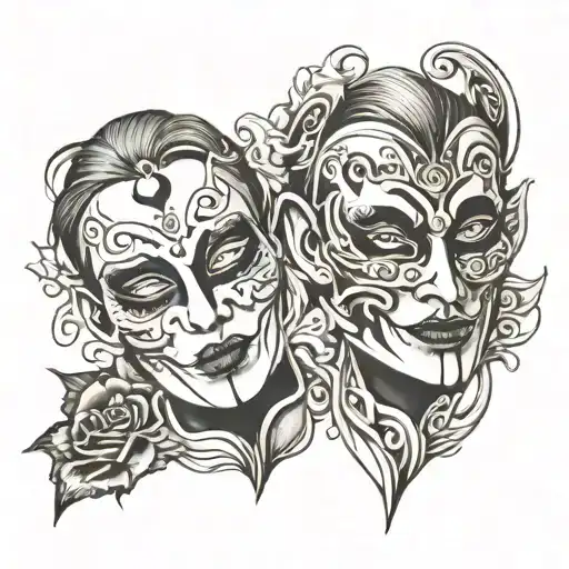 Black And Grey Goth Theatre Masks In Neo Traditional Style