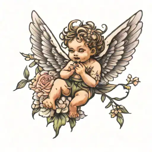 Cherub With Aster Flowers In The Background