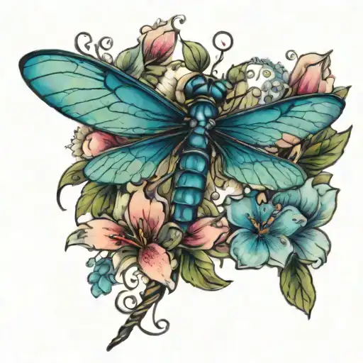 Dragon Fly Mixed With Flowers And Waterfall