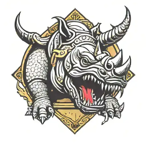 An Armored Shield On The Left Breast Bearing The Face Of A Powerful Rhinoceros With Venomous Eyes