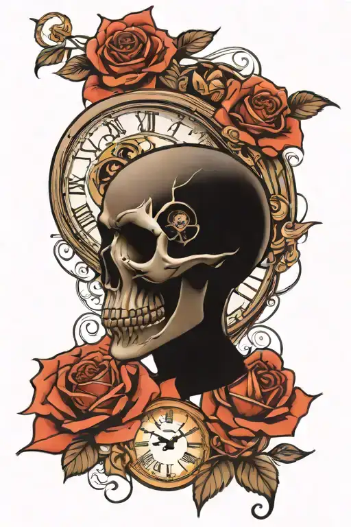 Rose And Skull And Clock