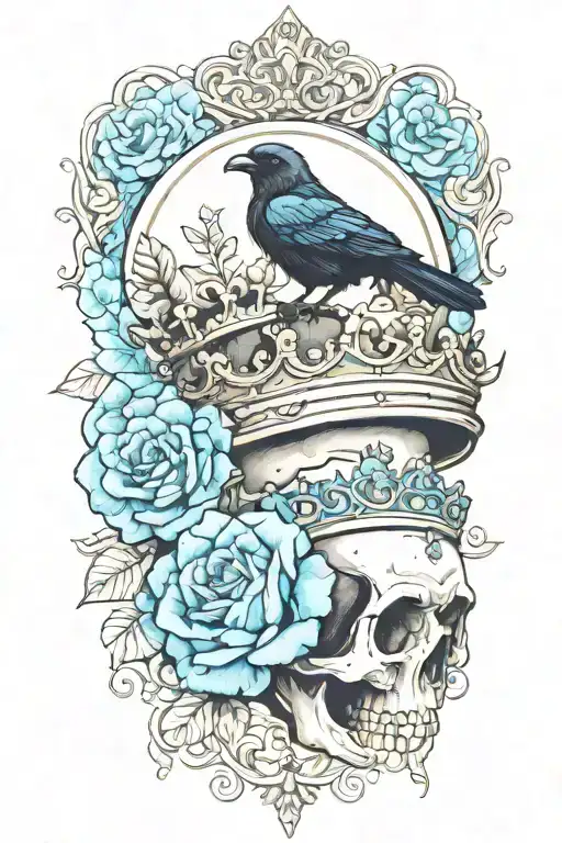 Skull Wearing Crown With Raven And Blue Roses
