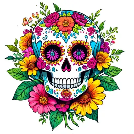 Colorful Sugar Skull Surrounded With Flowers Growing