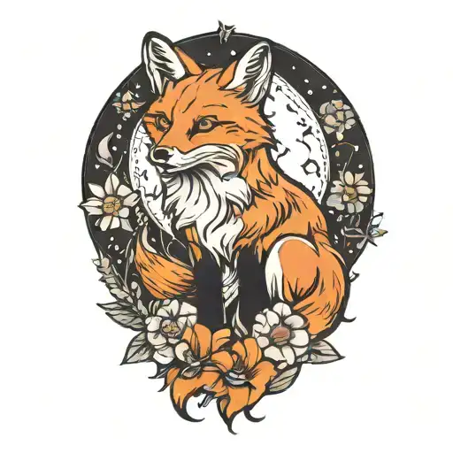 Fox Sitting Forward With Moon In The Background Surrounded By Daisys