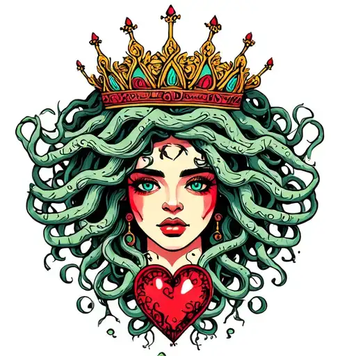 Medusa Surrounded By Read Heart Fine Line Afro With Crown