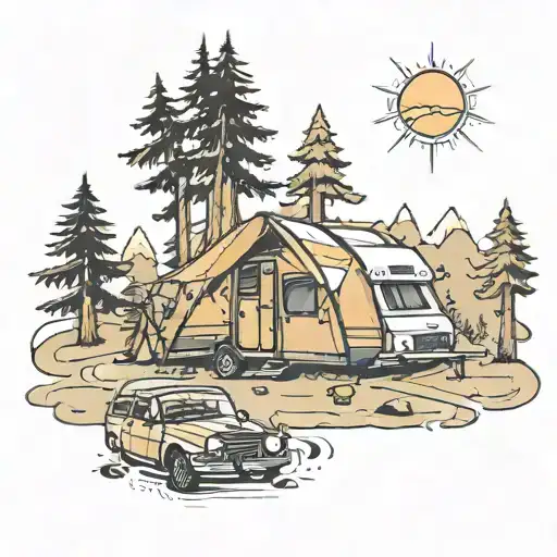 A Tattoo Design Blending Camping And Family Themes In A Traditional Style