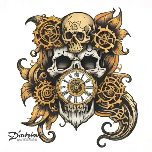 Full Color Skull With Clock Gear Tattoo For Fore Arm