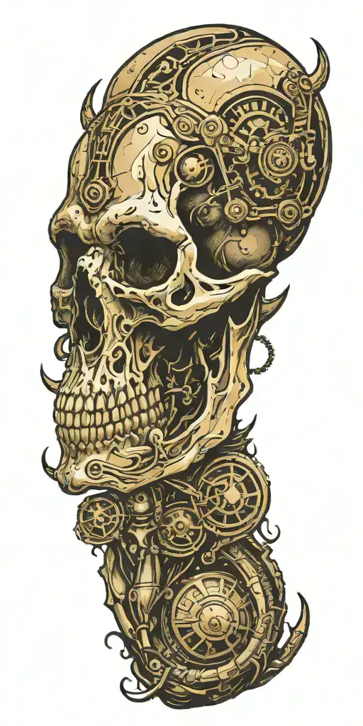 Minotaur Skull With Alien Skull And Space Background With Broken Alien Spaceships