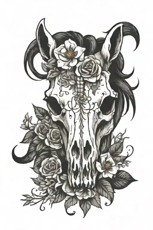 Horse Skull And Flowers Intertwined