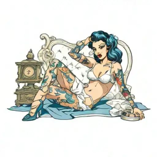 Pinup Girl Sat Down Black Hair Blue Eyes White Lingerie