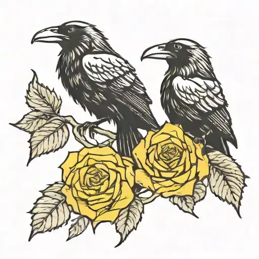 Two Ravens Standing On A Yellow Rose