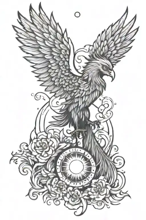 Phoenix With A Moon And Sun Below And A Crown Above