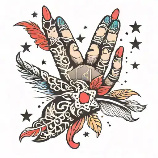 Handprint With Slash Of Lip Paint At The End Of Handprint With Stars And Feathers