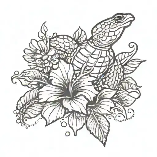 Line Art Hibiscus Flower With Sea Turtle Swimming