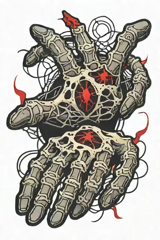 Hand Skeleton Colored In With Red Accent And Spider Webs In Between The Fingers