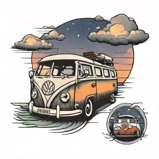 Vw Campervan With Light House And Sunset Sky