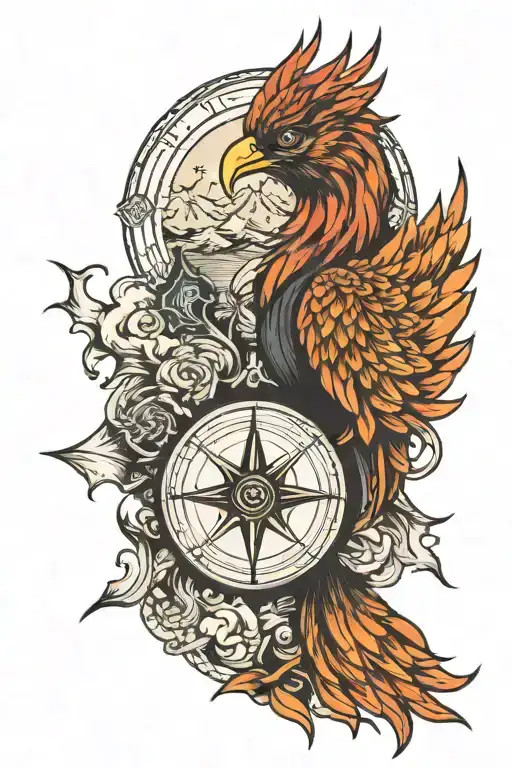 Phoenix Encompassing An Half Compass And Mountains