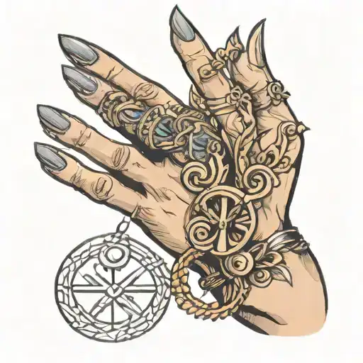 A Woman's Hand With A Manicure Holding An Ankh On Her Finger