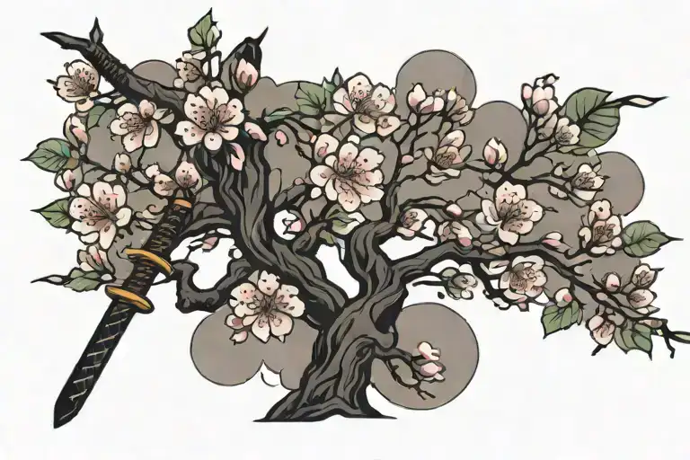 Japanese Inspired Cherry Blossom Tree With A Samurai Sword Mixed In- Located On Upper Pectoral